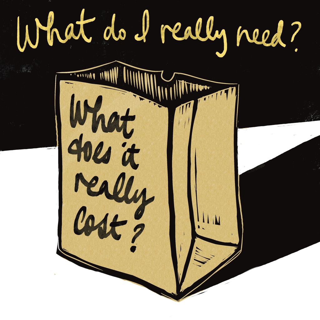 Paper bag with writing on a table