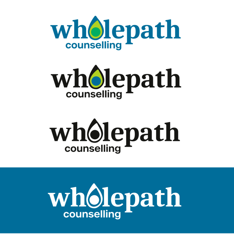Logo variations for Wholepath Counselling, colour, black and white, white (reversed) versions